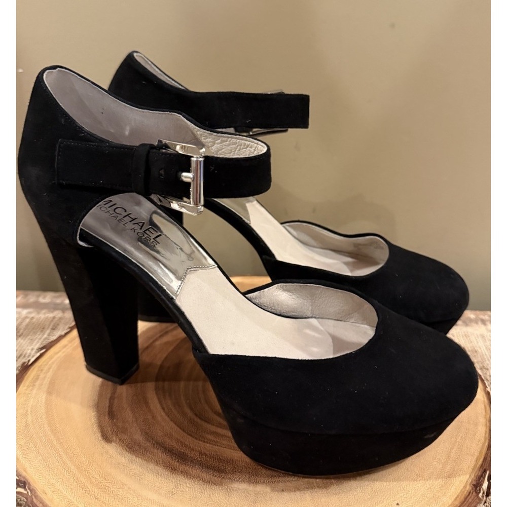 MICHAEL Michael Kors Sierra‎ Block Heel Chunky Platform Pumps Black Suede Sz-9